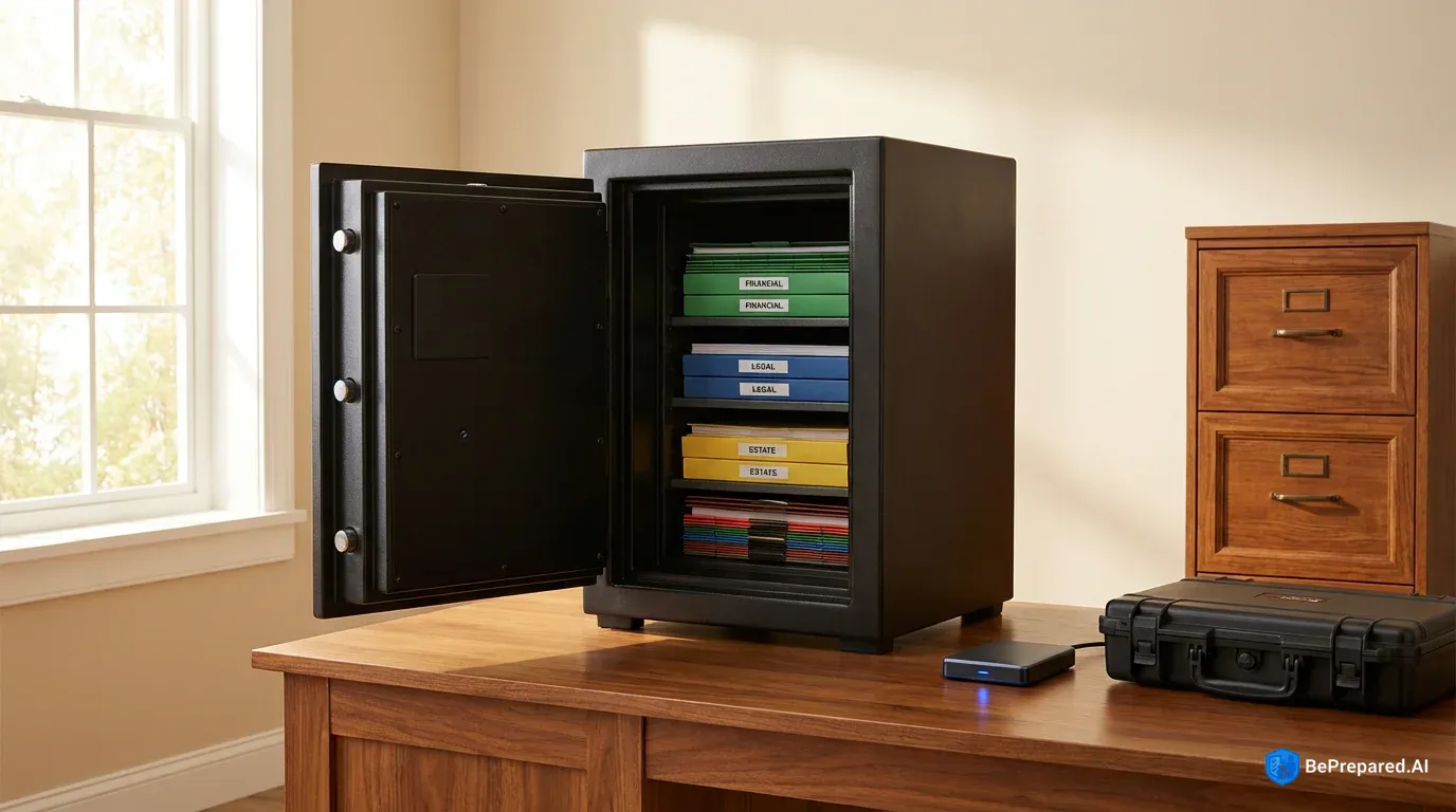 Organized home office with fireproof safe, labeled document folders, and encrypted storage devices
