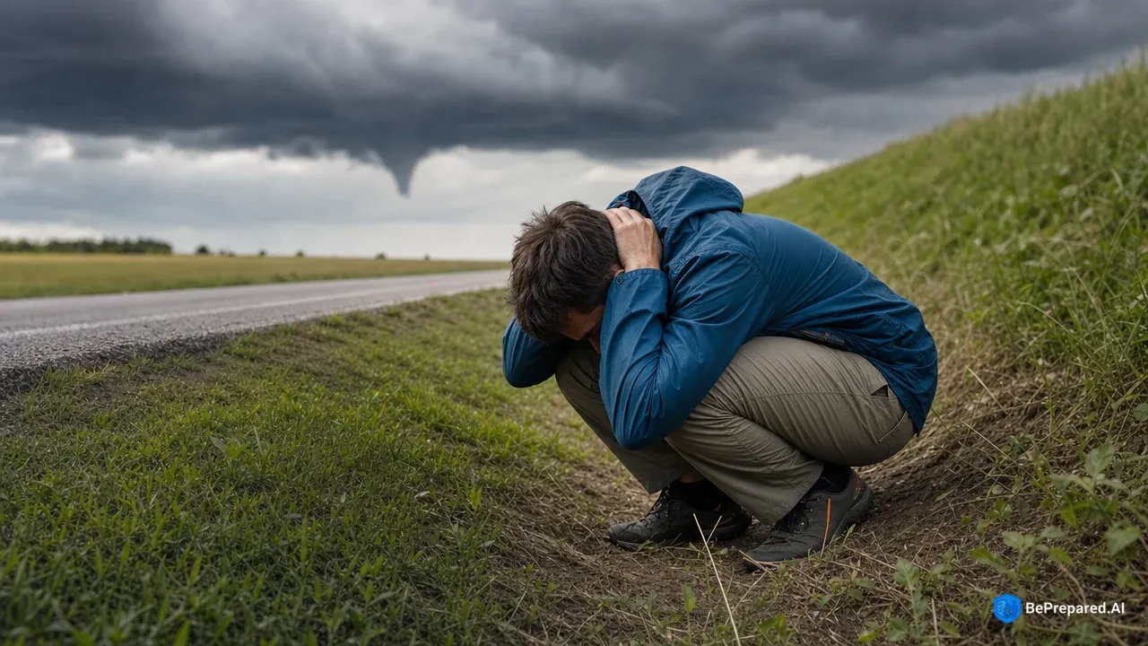 Person crouched in roadside ditch covering head during tornado with storm clouds overhead