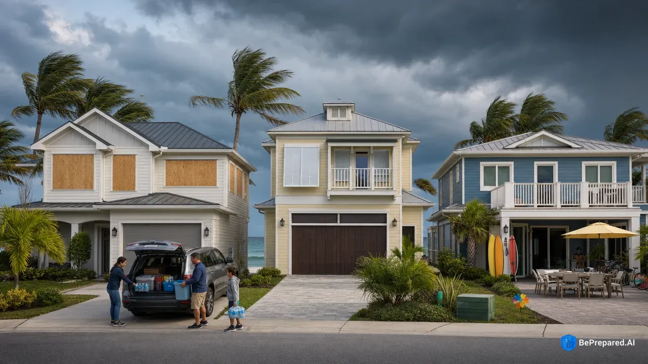 Coastal homes showing varying hurricane preparation levels with storm approaching
