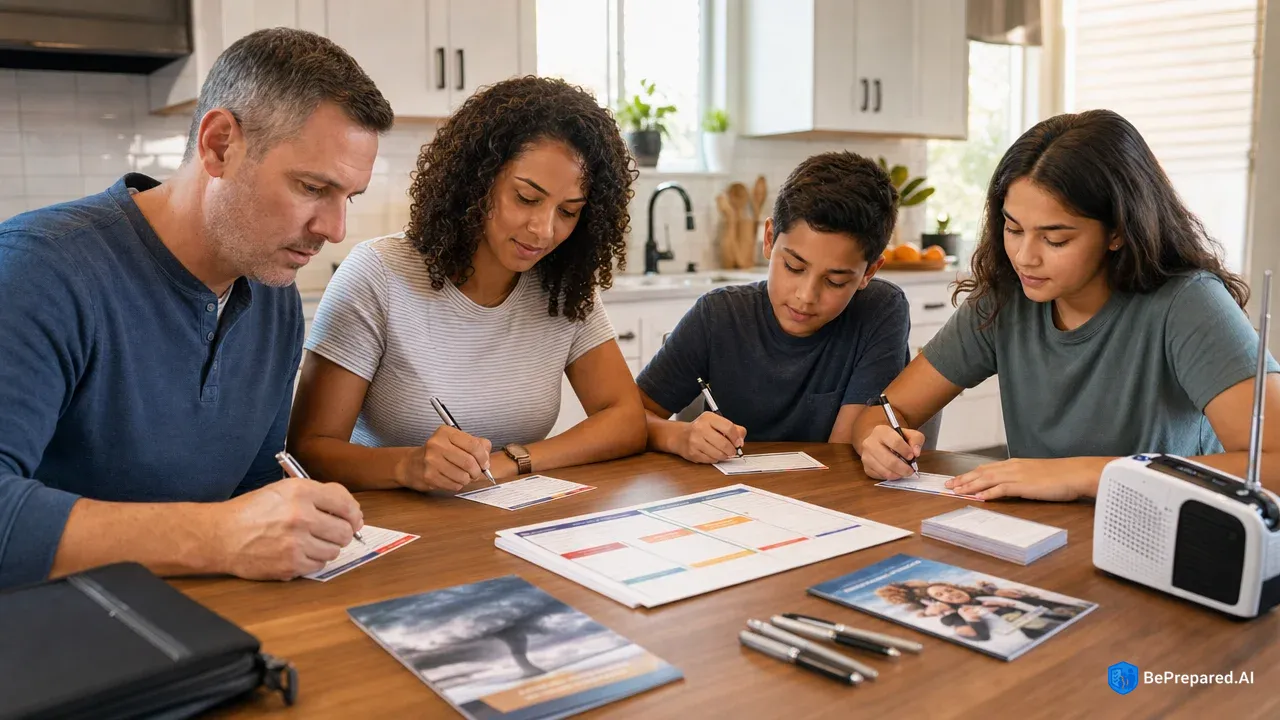 Family of four creating emergency contact cards at kitchen table with weather radio nearby