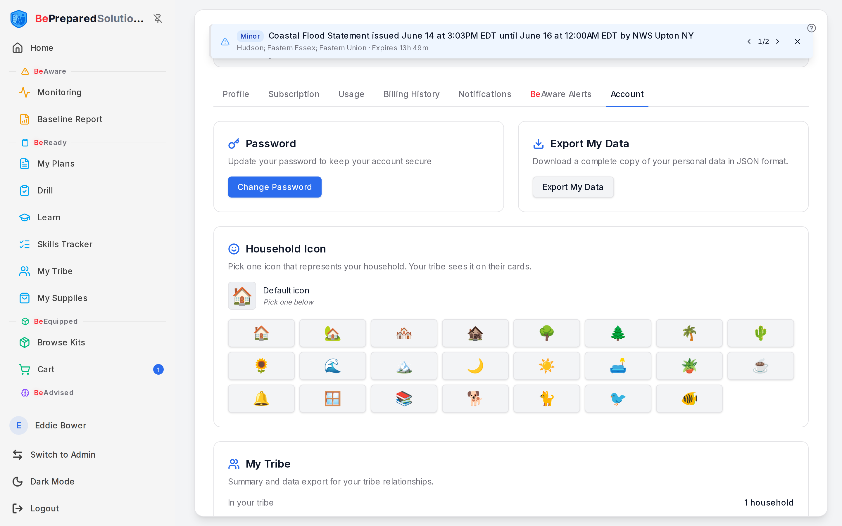 The Account tab security controls