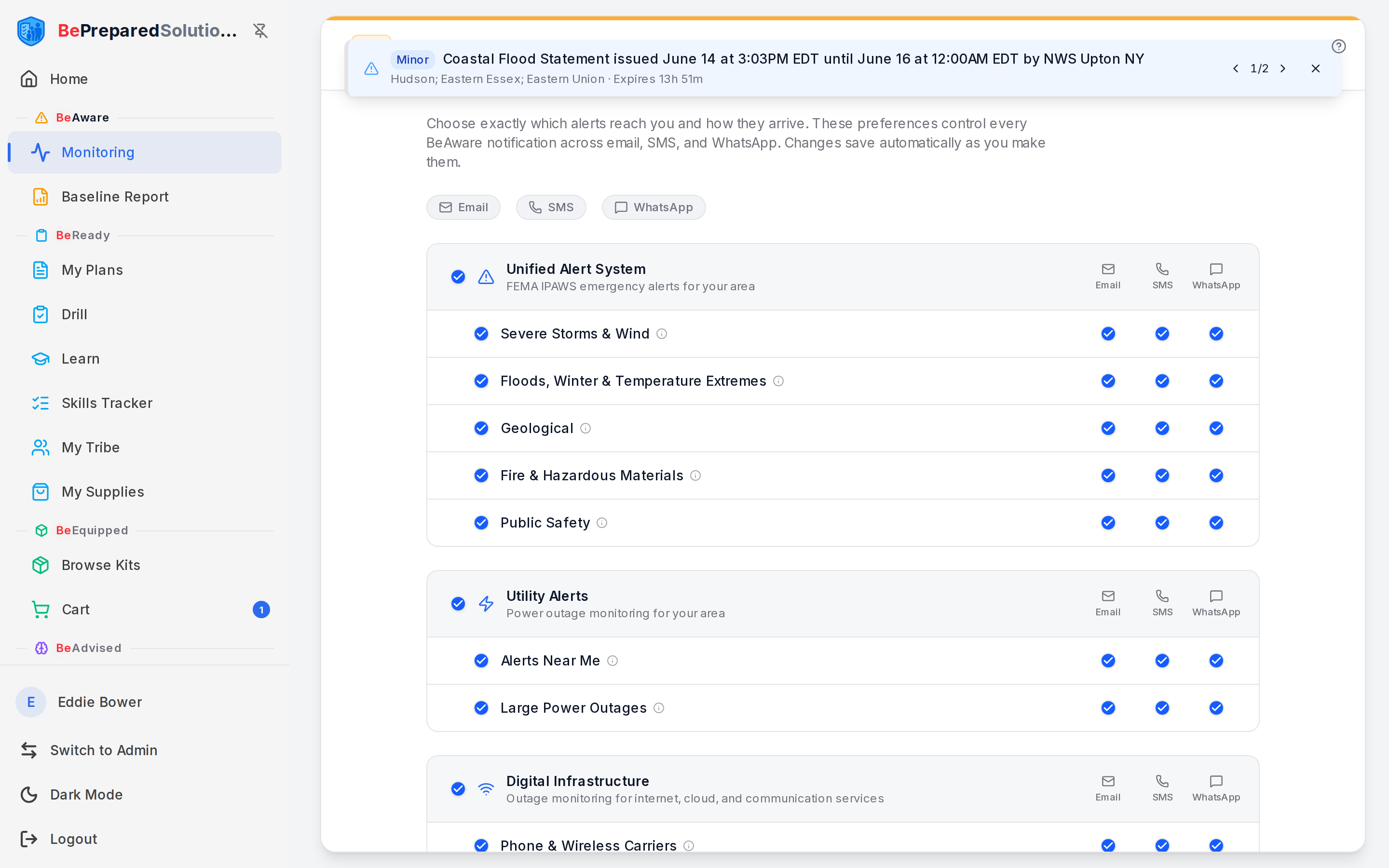 BeAware alert settings: channels across the top, alert groups with per-channel checkboxes