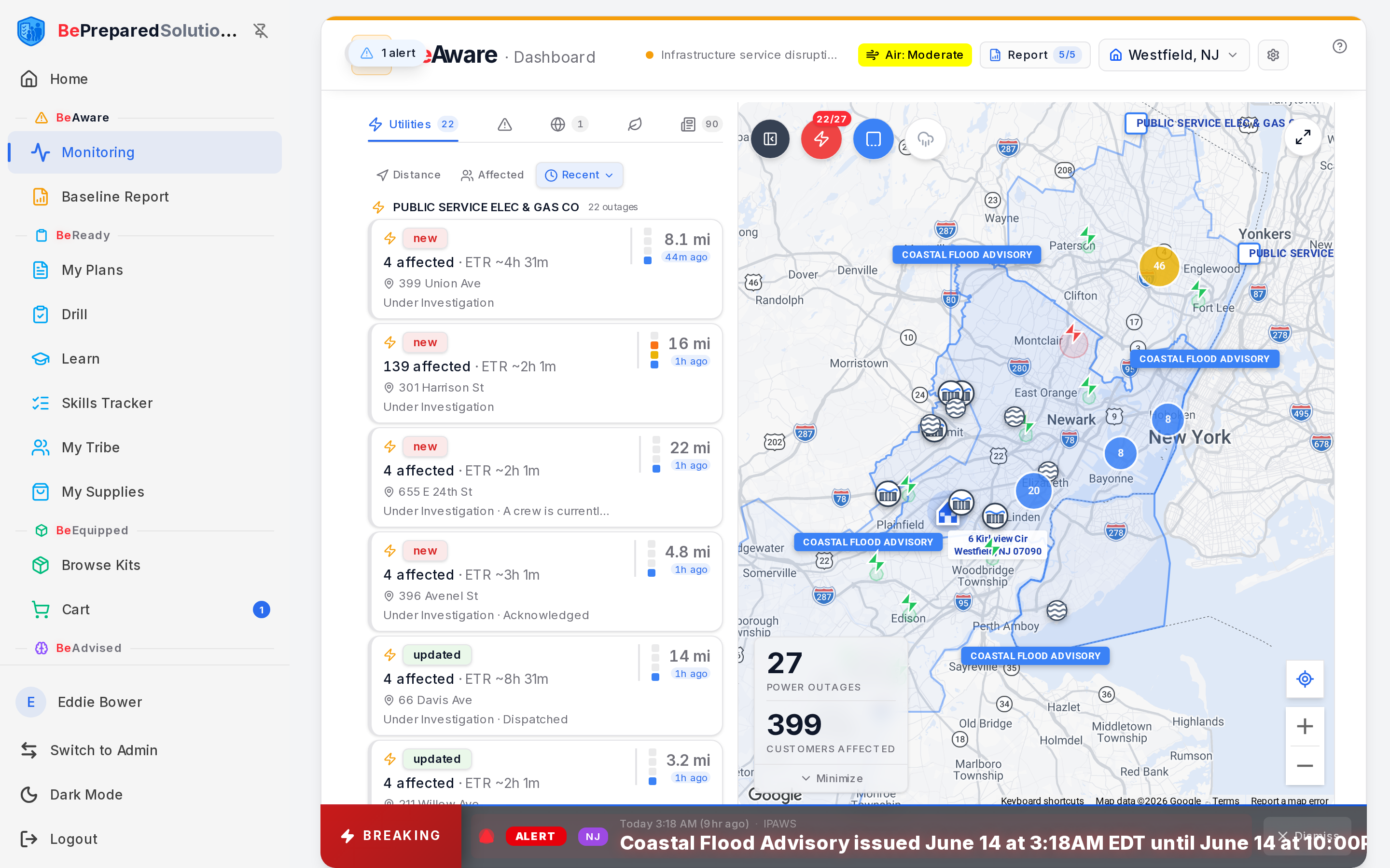 The BeAware monitoring dashboard with the status bar, feed tabs, map, and news ticker