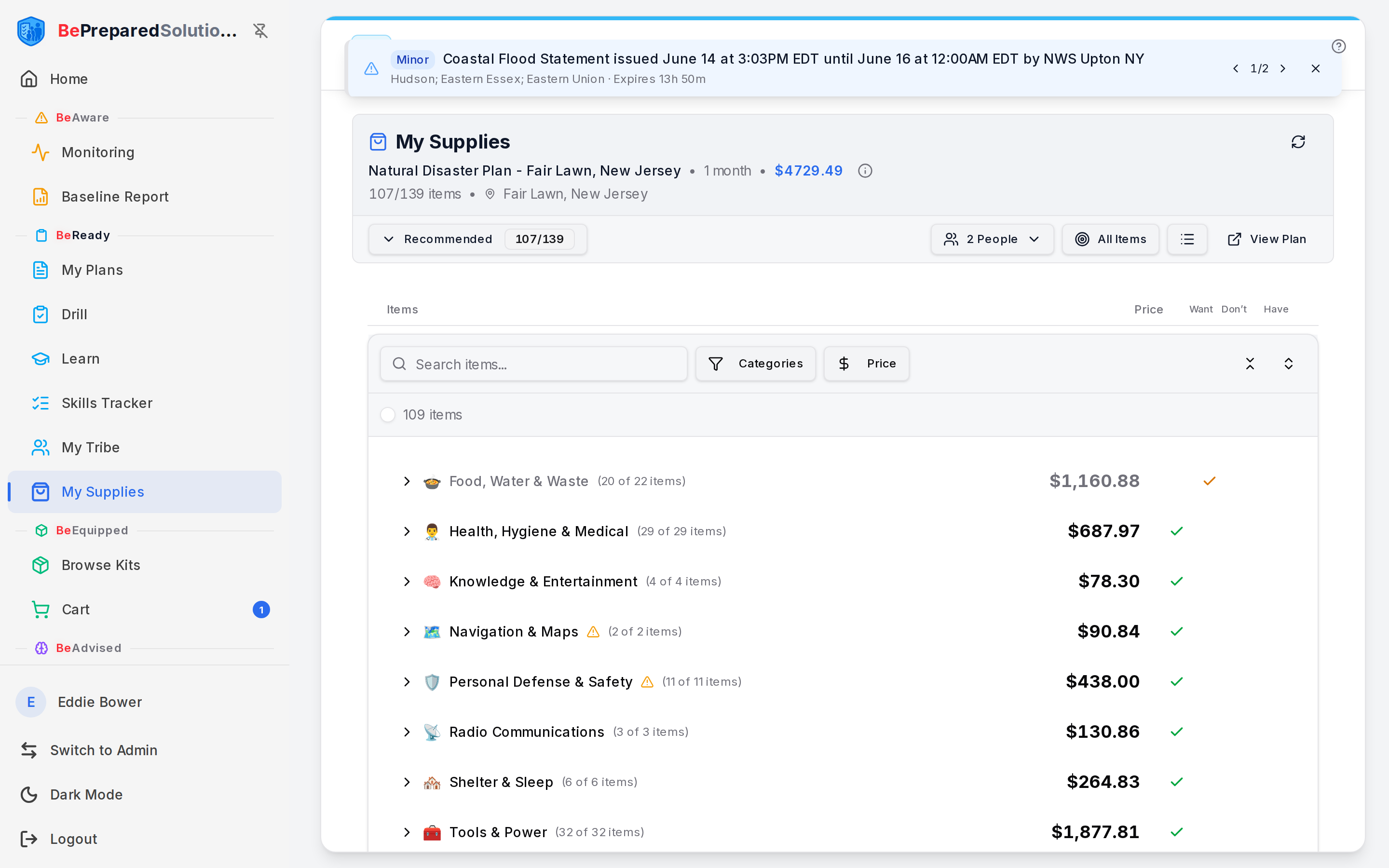 Your supply list, grouped and priced, with controls along the top