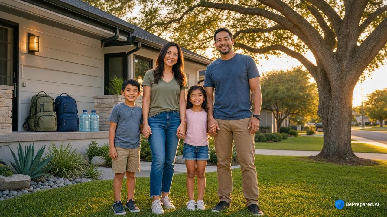 Diverse family of four standing confidently in front of suburban home with emergency supplies and oak tree meeting point