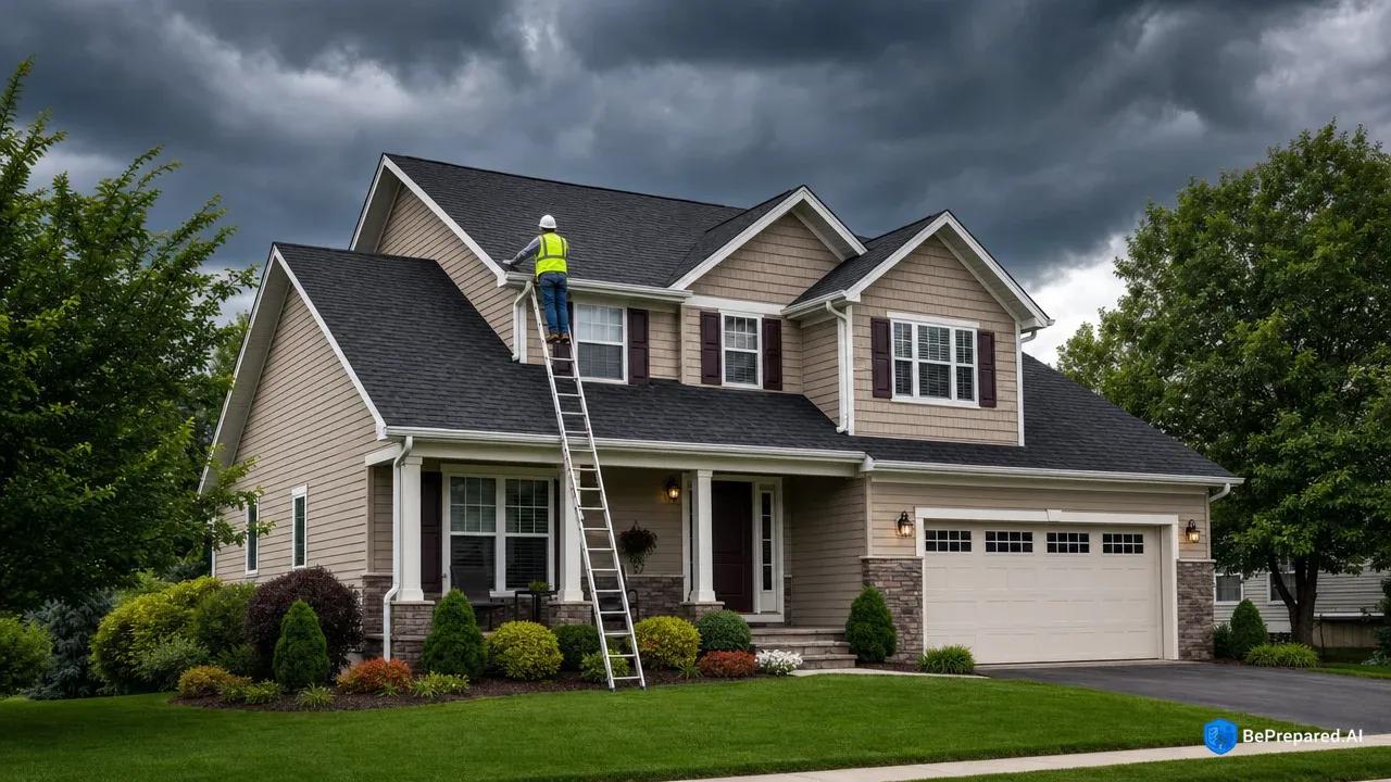 Homeowner on ladder inspecting roof with storm clouds approaching, showing hurricane preparedness