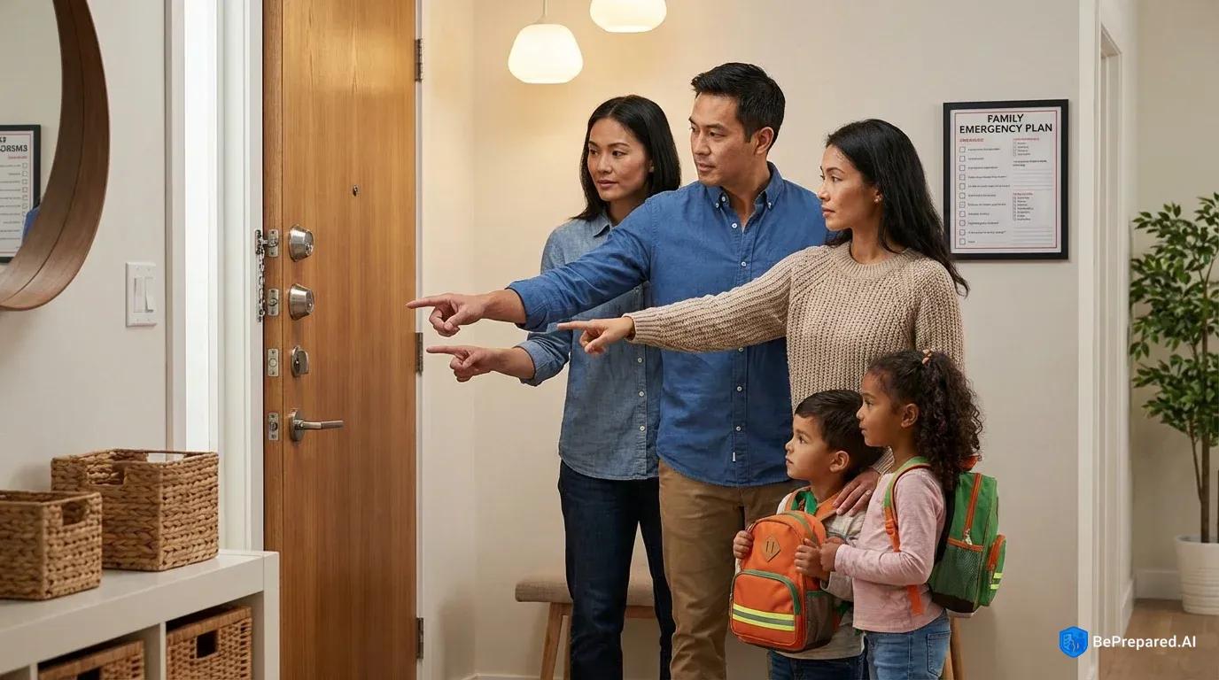 Family reviewing safe room features in home interior hallway with reinforced door and emergency supplies