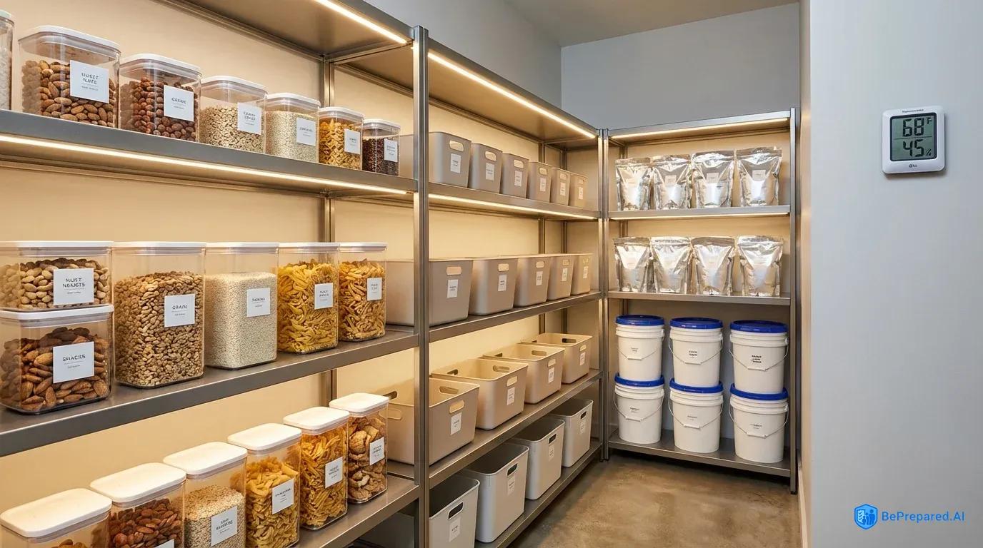 Organized home pantry with labeled storage zones showing emergency food supplies and monitoring equipment