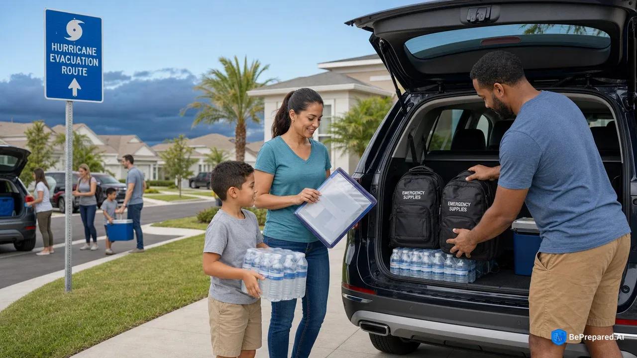 Family loading emergency supplies into car trunk with evacuation route sign in background