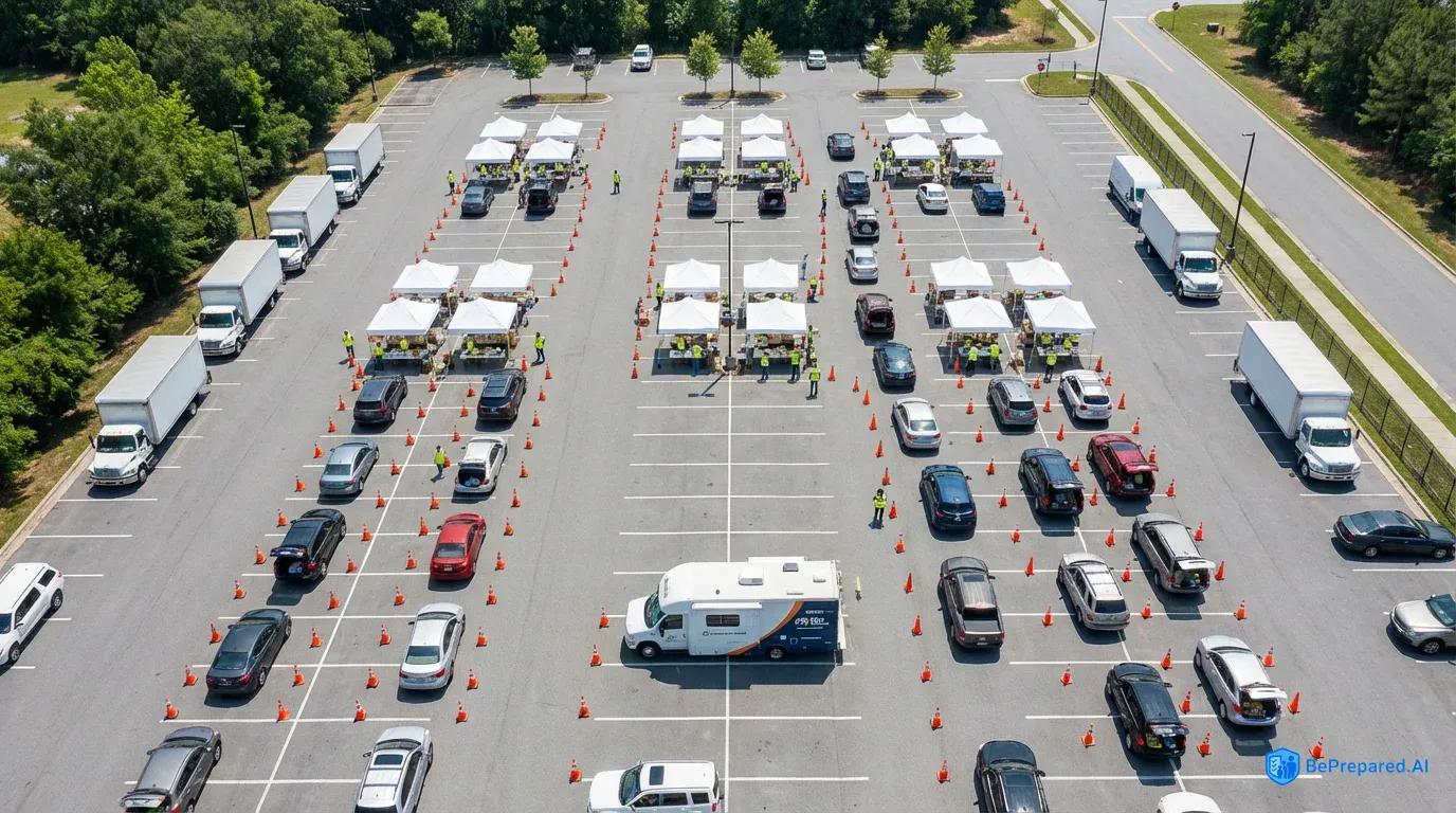 Aerial view of emergency food distribution center with organized lanes and supply trucks