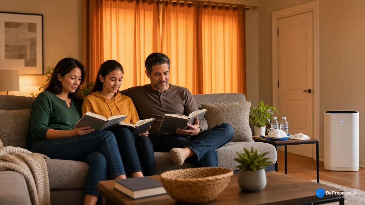 Family reading safely indoors with air purifier running during wildfire smoke event