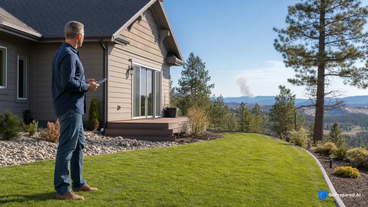 Homeowner with tablet assessing wildfire-prepared property with defensible space and distant smoke