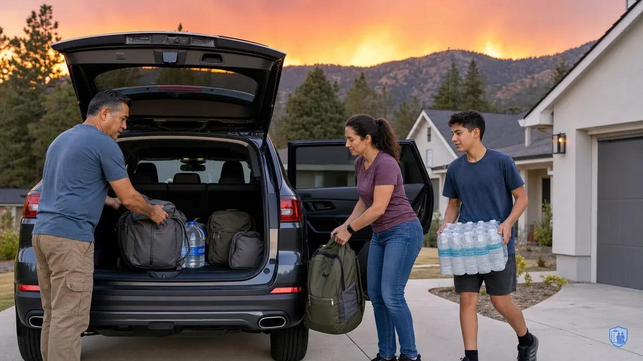 Family loading emergency bags into SUV with wildfire glow visible on horizon