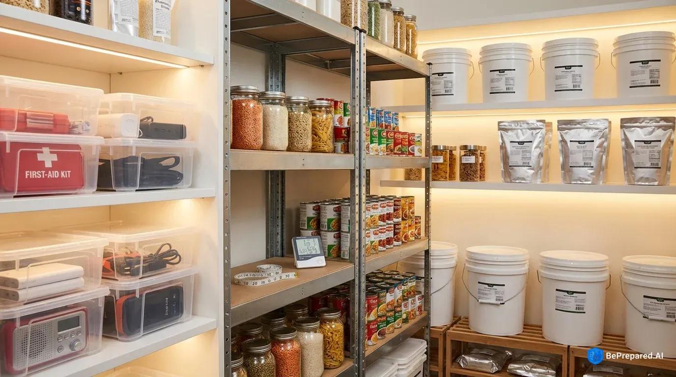 Organized three-zone pantry showing emergency supplies, rotating stock, and long-term storage with clear labeling