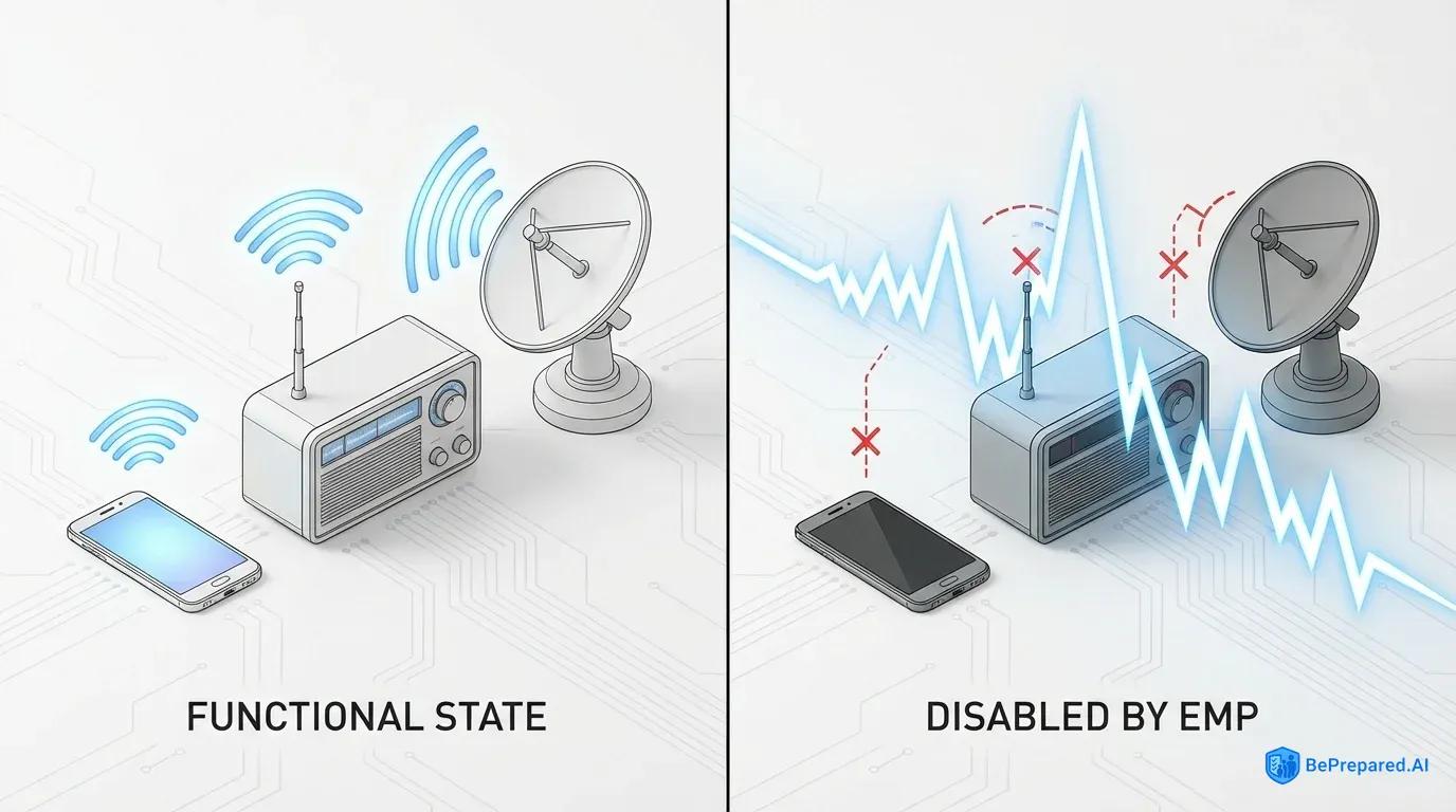 Split view comparing normal communications vs EMP effects on electronic devices