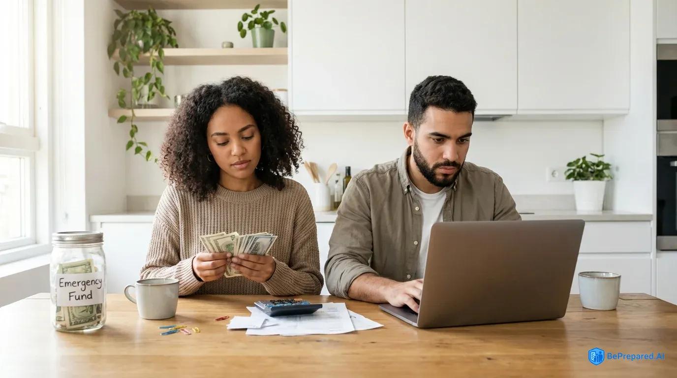 Couple reviewing budget at kitchen table with laptop, calculator, and emergency fund jar