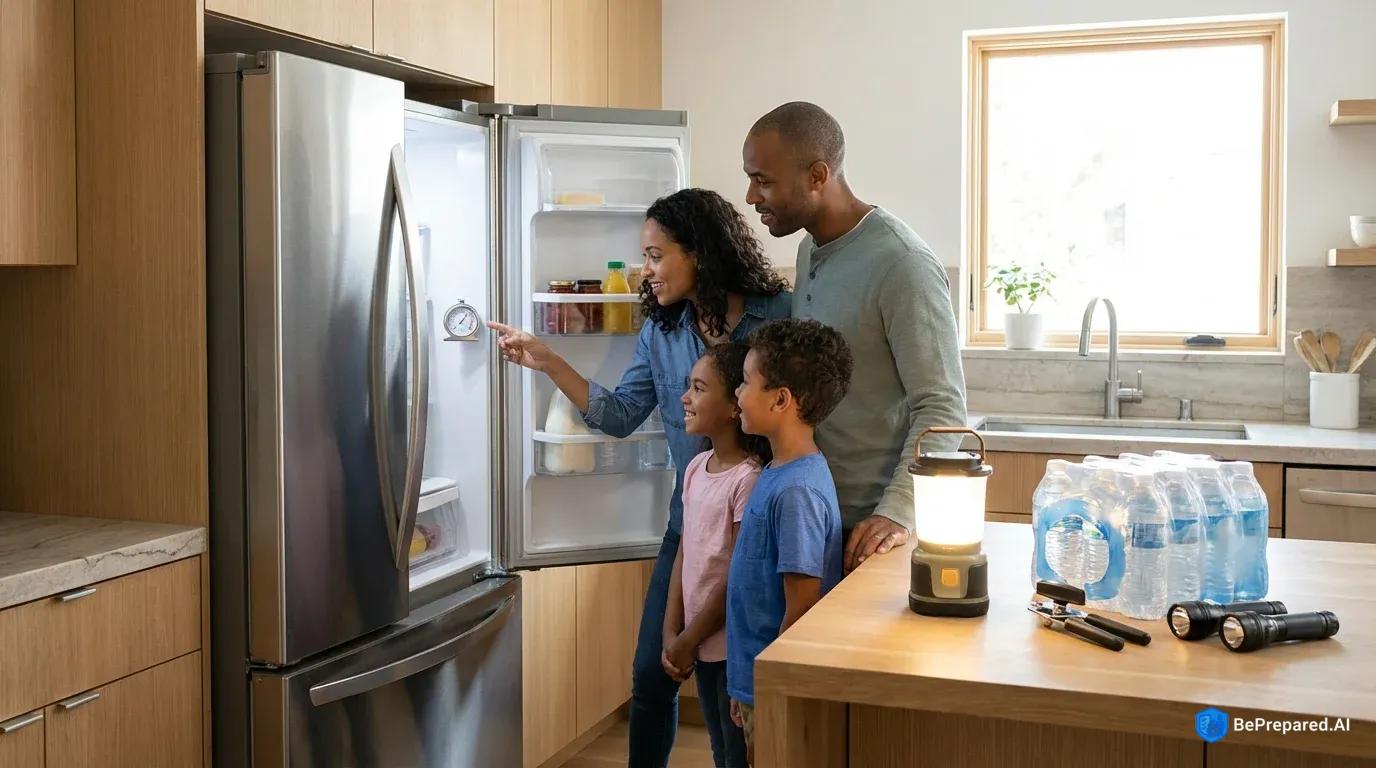Family checking refrigerator thermometer by lantern light during power outage