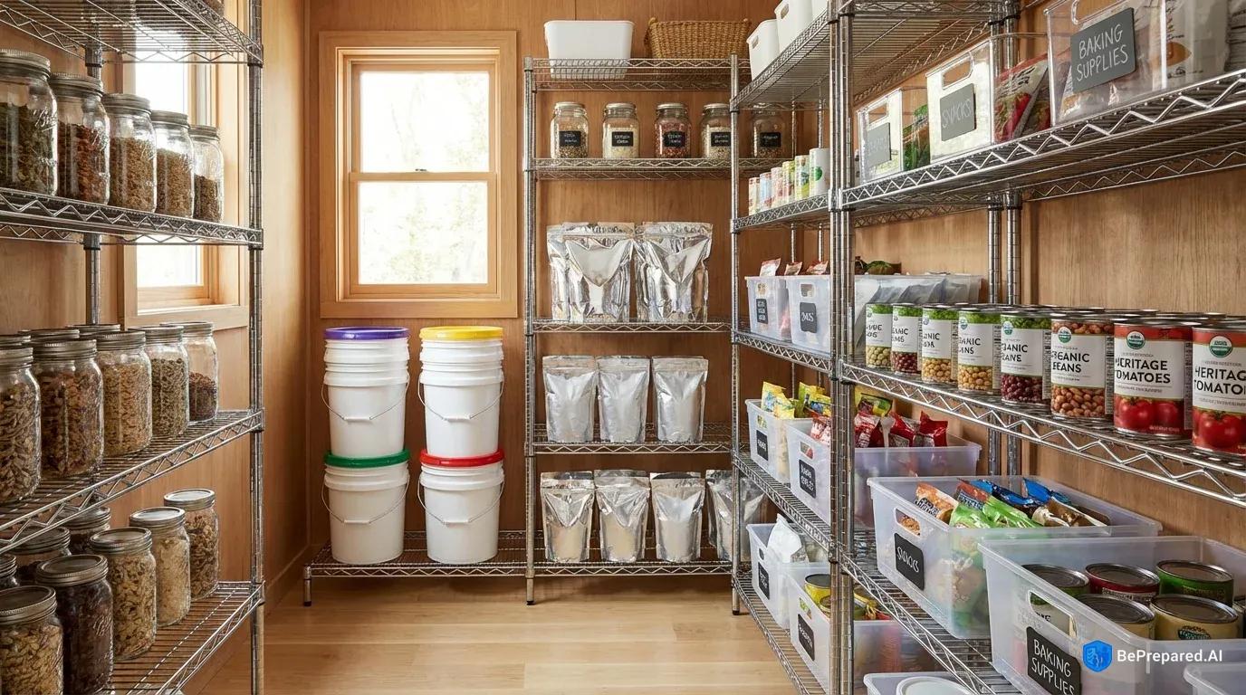 Organized pantry with proper food storage containers on metal shelving, showing various preservation methods