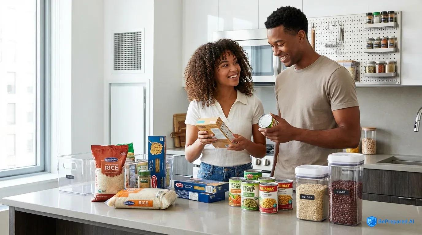 Young couple organizing emergency food storage with basic supplies in apartment kitchen