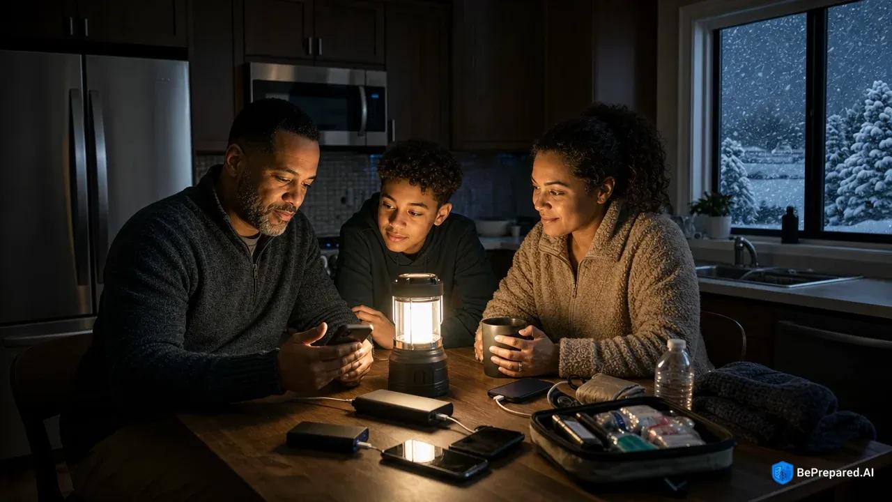 Family using smartphones and emergency supplies by lantern light during winter storm power outage