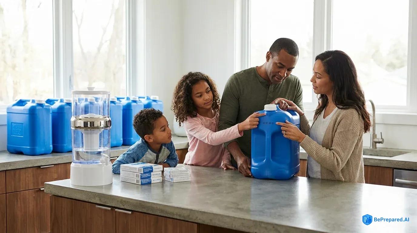 Family organizing emergency water storage containers and supplies in modern kitchen