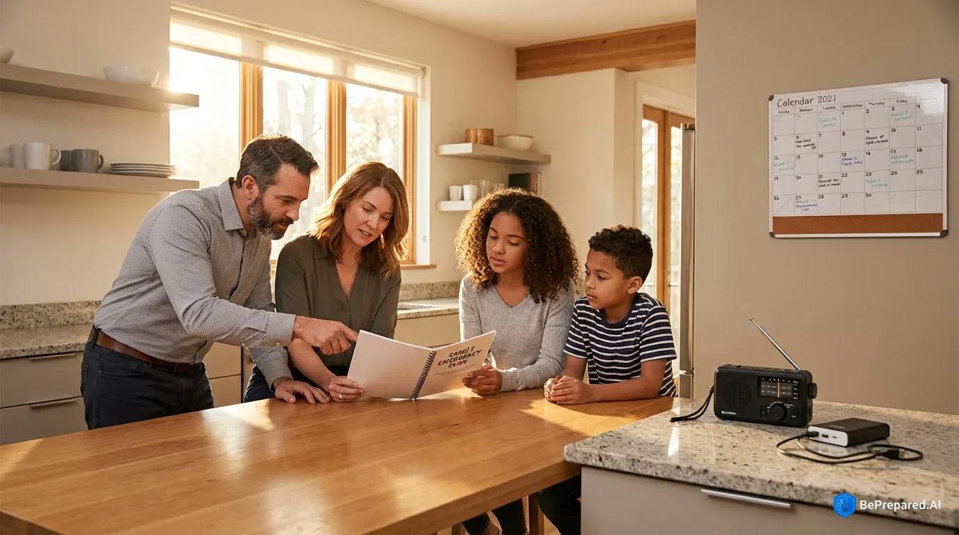 Family reviewing emergency communication plan together at kitchen table with preparedness equipment visible