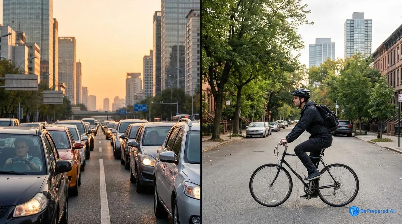 Split view comparing gridlocked traffic versus peaceful cyclist on alternative route