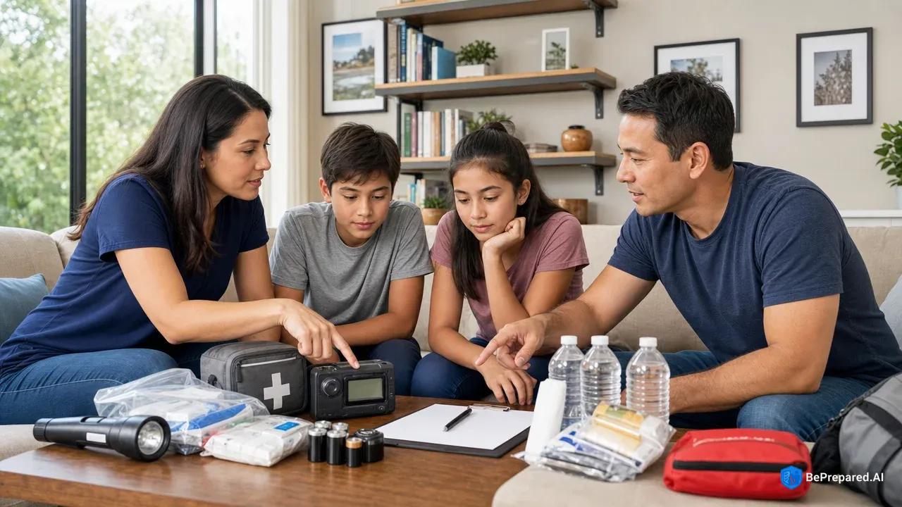 Family of four reviewing earthquake emergency kit contents in living room with secured furniture