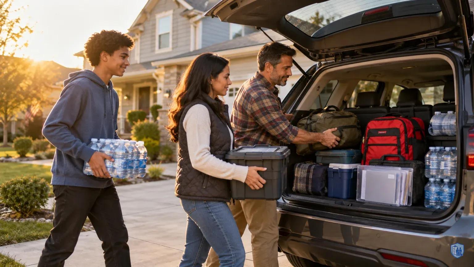 Family loading organized emergency supplies into SUV trunk during golden hour in residential driveway