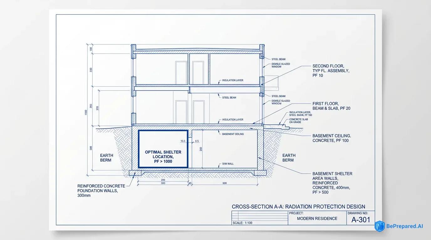 Cross-section diagram of house showing basement fallout shelter location with radiation protection factors labeled