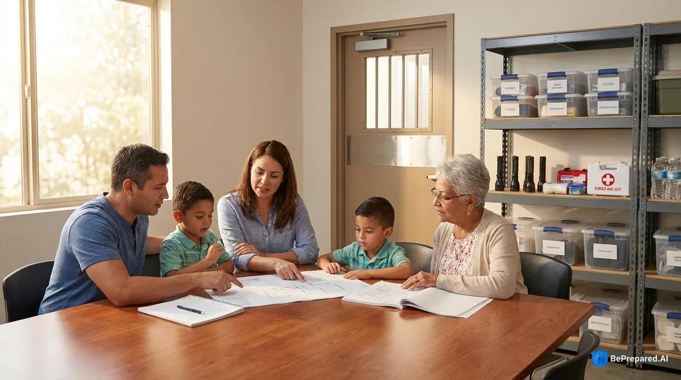 Family reviewing security plans at table with manual security features visible in background