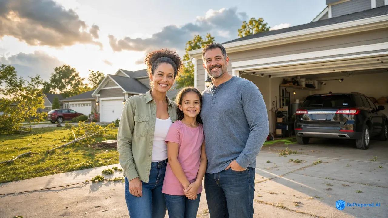 Suburban neighborhood after tornado with cars safely parked in garages, family standing relieved outside