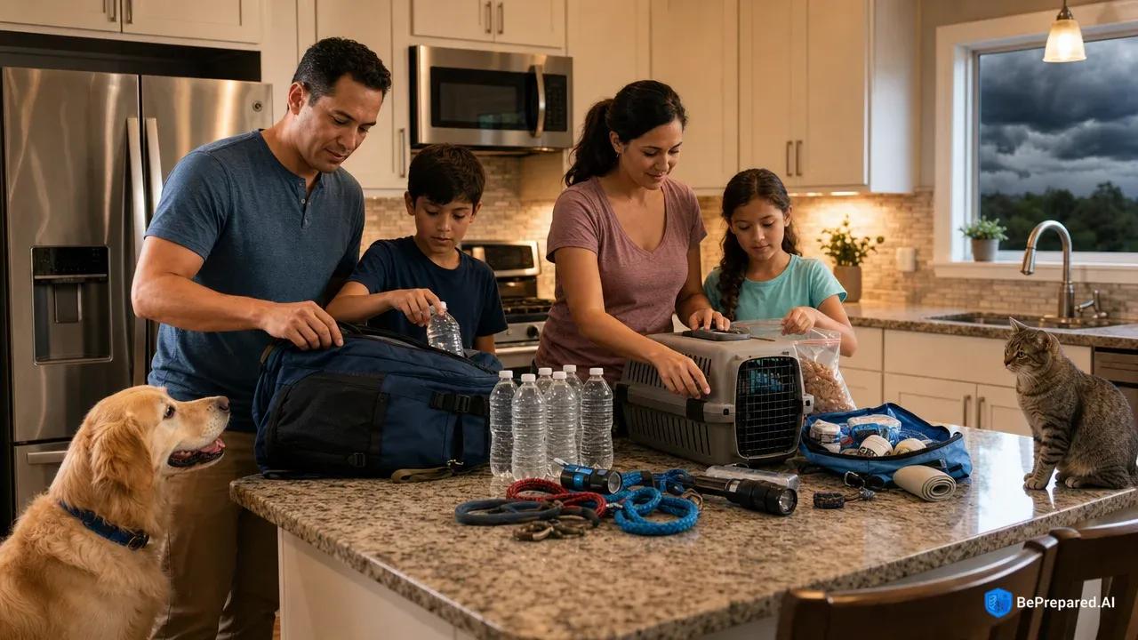 Family with golden retriever and cat preparing hurricane evacuation supplies in kitchen