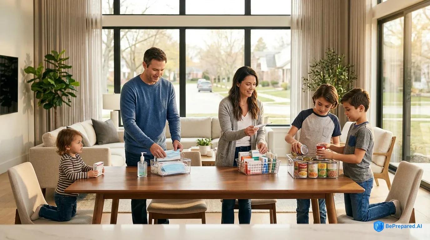 Family organizing quarantine supplies together at dining table with masks, sanitizer, and groceries visible