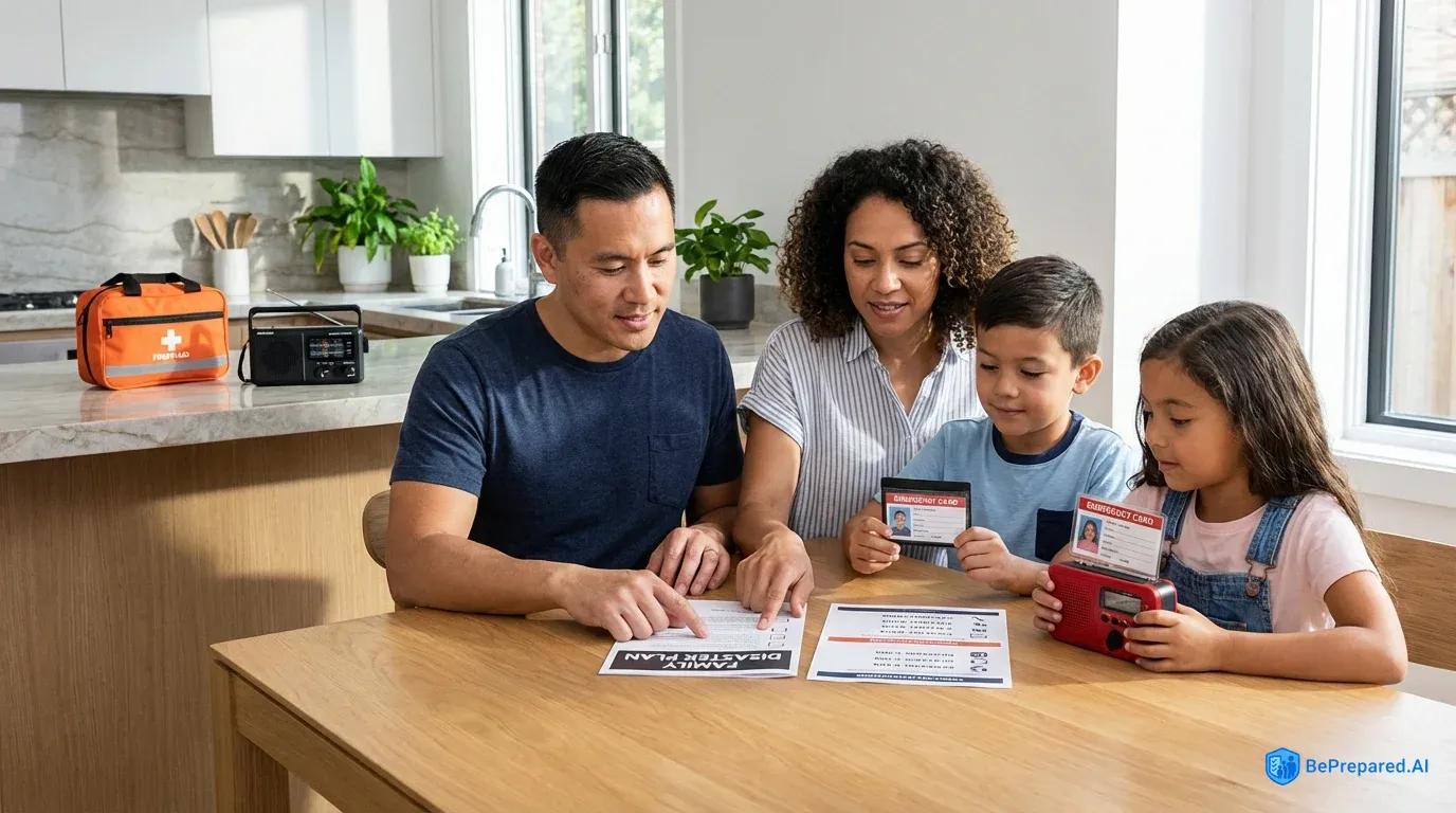 Family reviewing emergency communication plan at kitchen table with emergency supplies nearby