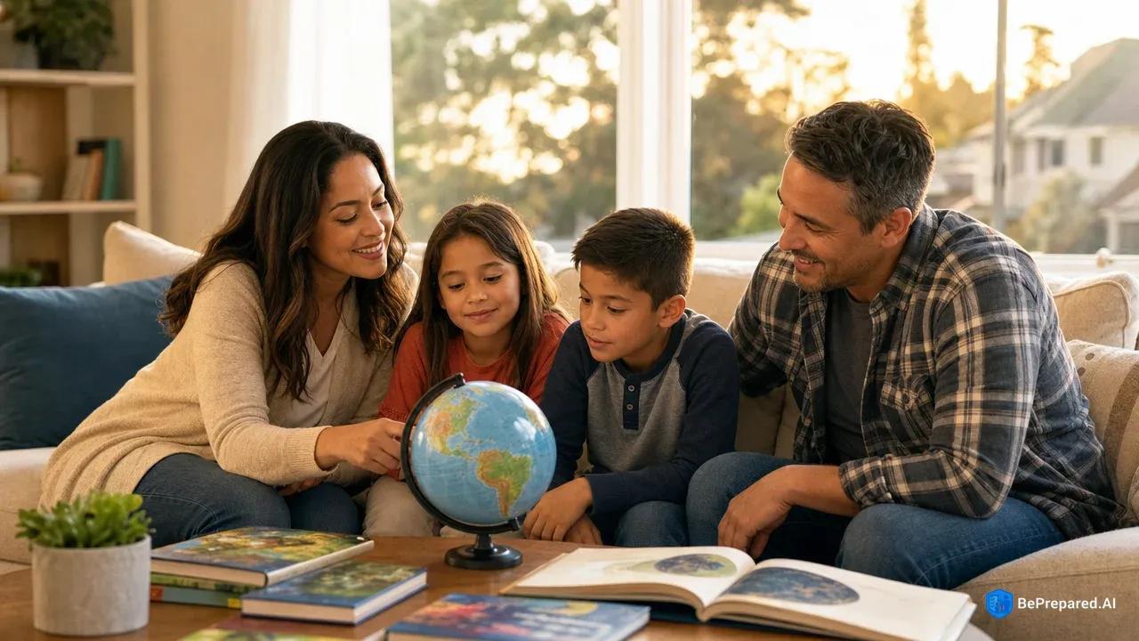 Diverse family of four having calm conversation on living room couch with earth science books nearby
