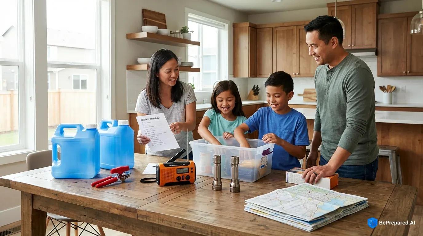 Family organizing emergency supplies including manual tools, water jugs, and paper maps on dining room table