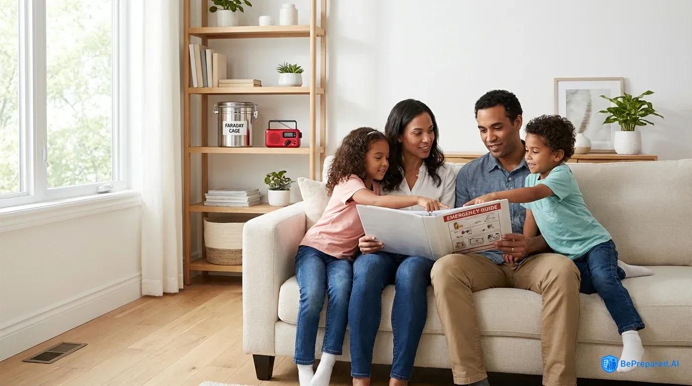 Family reviewing EMP preparedness guide together in living room with Faraday cage visible on shelf