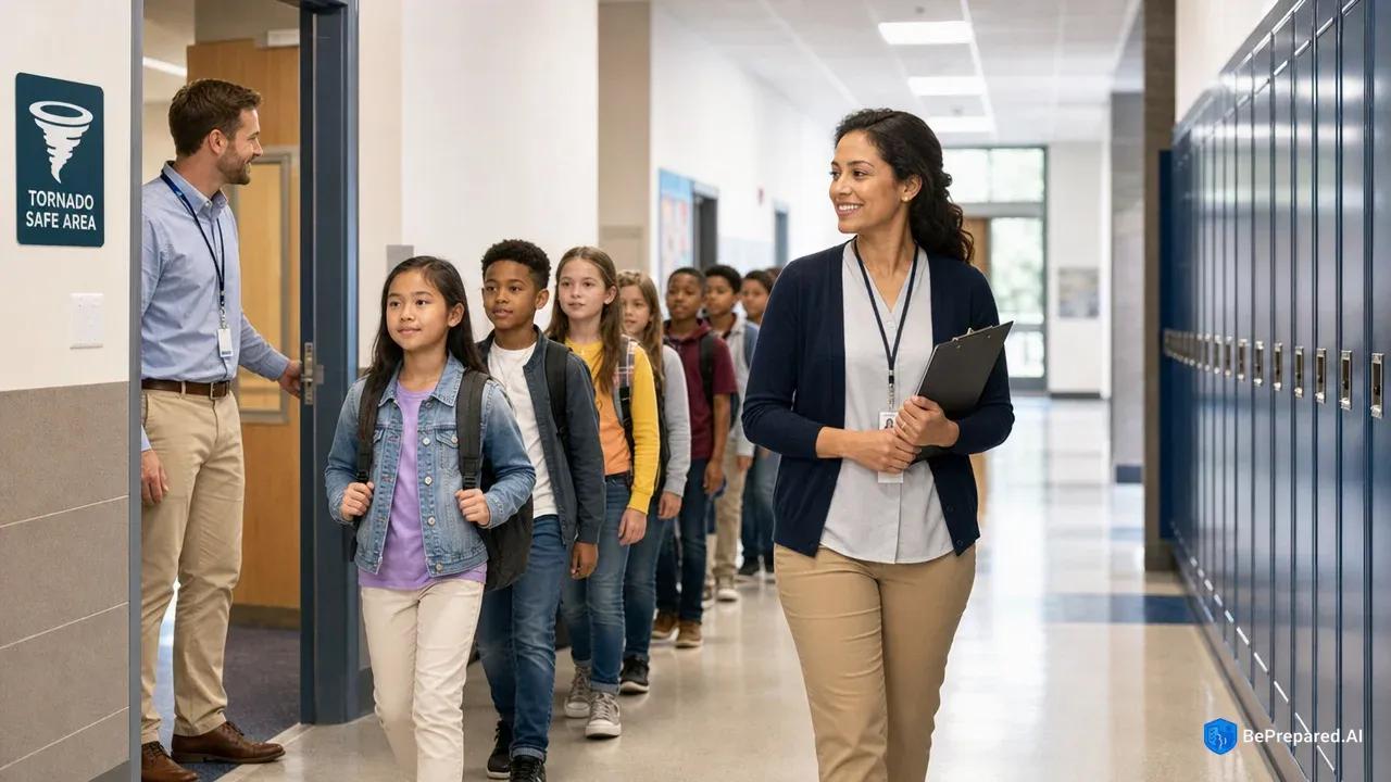 Diverse group of elementary students and teachers walking calmly in line during tornado drill in school hallway