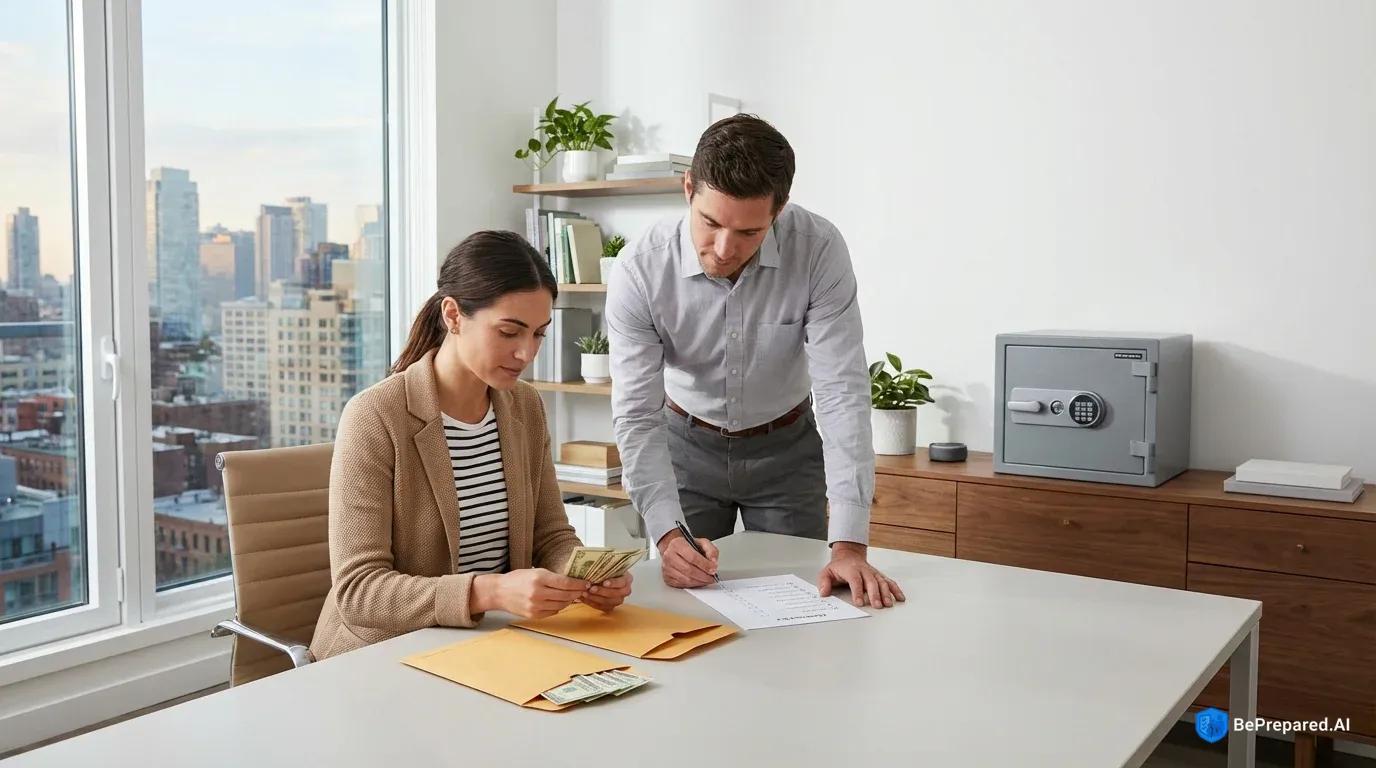Couple organizing emergency cash and documents at home office desk with fireproof safe nearby