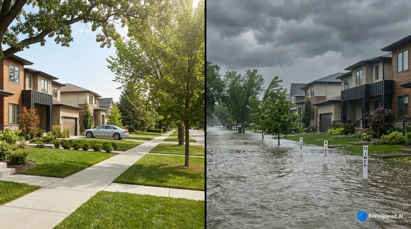 Split view of suburban street: normal day vs. flooded with water depth markers at 6 and 12 inches