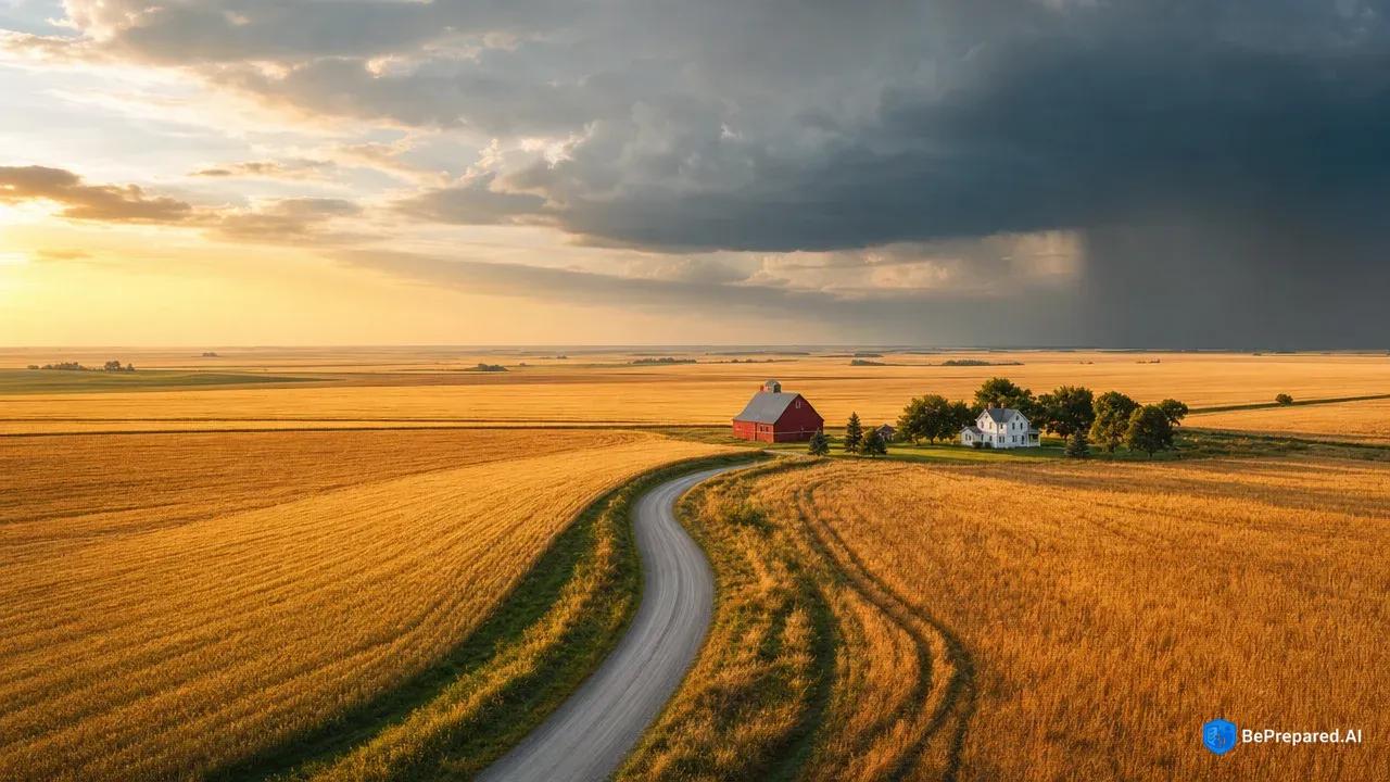 Aerial view of Great Plains farmland with storm clouds building on horizon