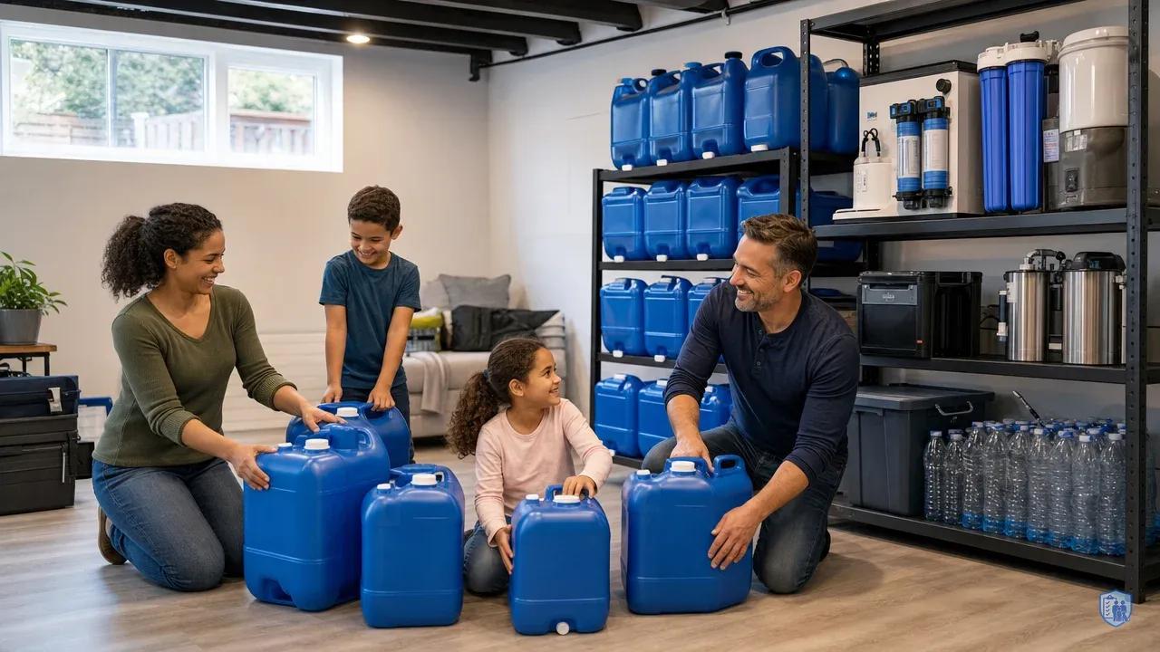 Family organizing water storage containers and filtration supplies in basement