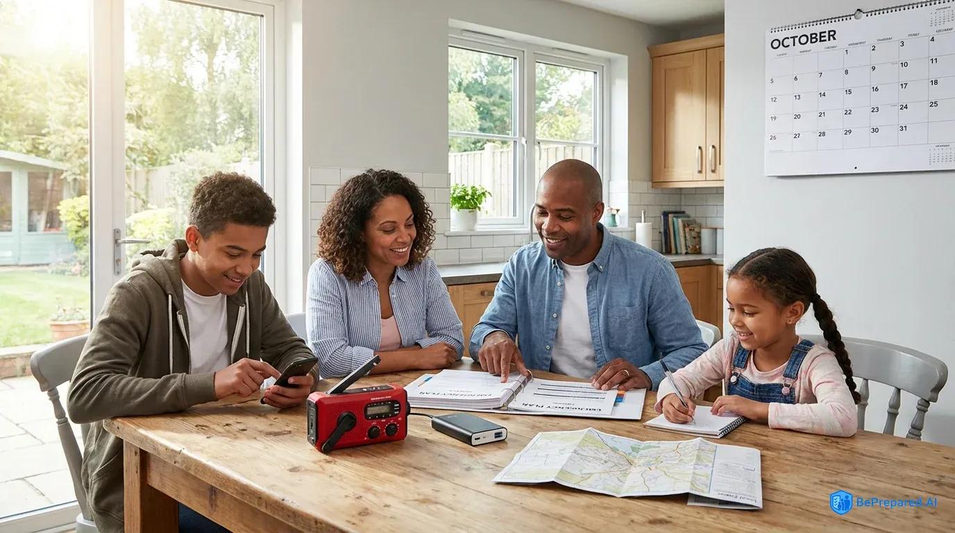 Family reviewing emergency communication plan at kitchen table with emergency radio and supplies
