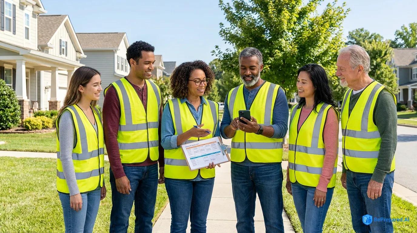 Diverse group of neighbors in safety vests reviewing patrol schedules on a suburban street