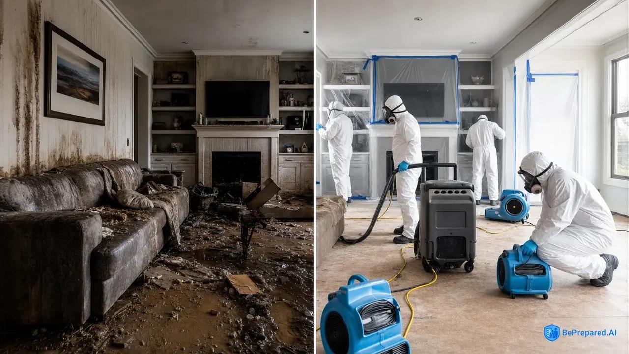 Split scene: flooded living room on left, professional restoration work on right showing recovery progress