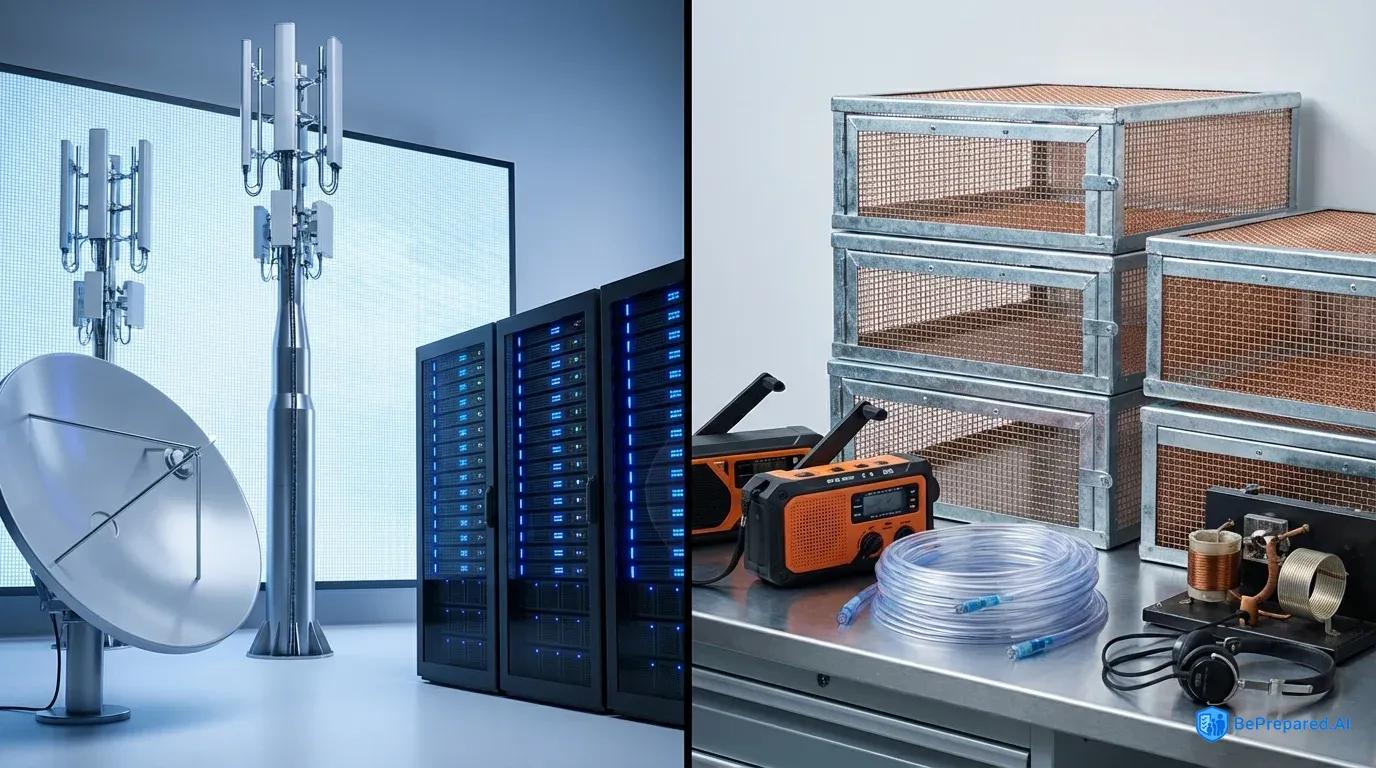 Split view comparing vulnerable modern communications with EMP-resistant backup systems