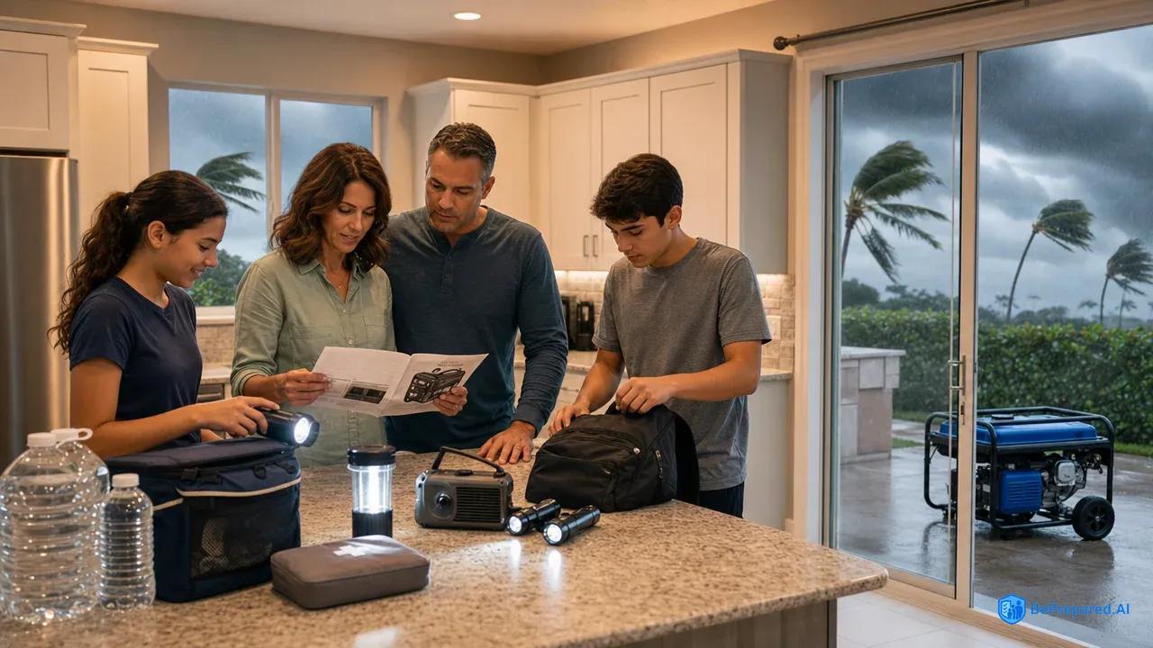 Family preparing for hurricane with generator on patio and emergency supplies in kitchen