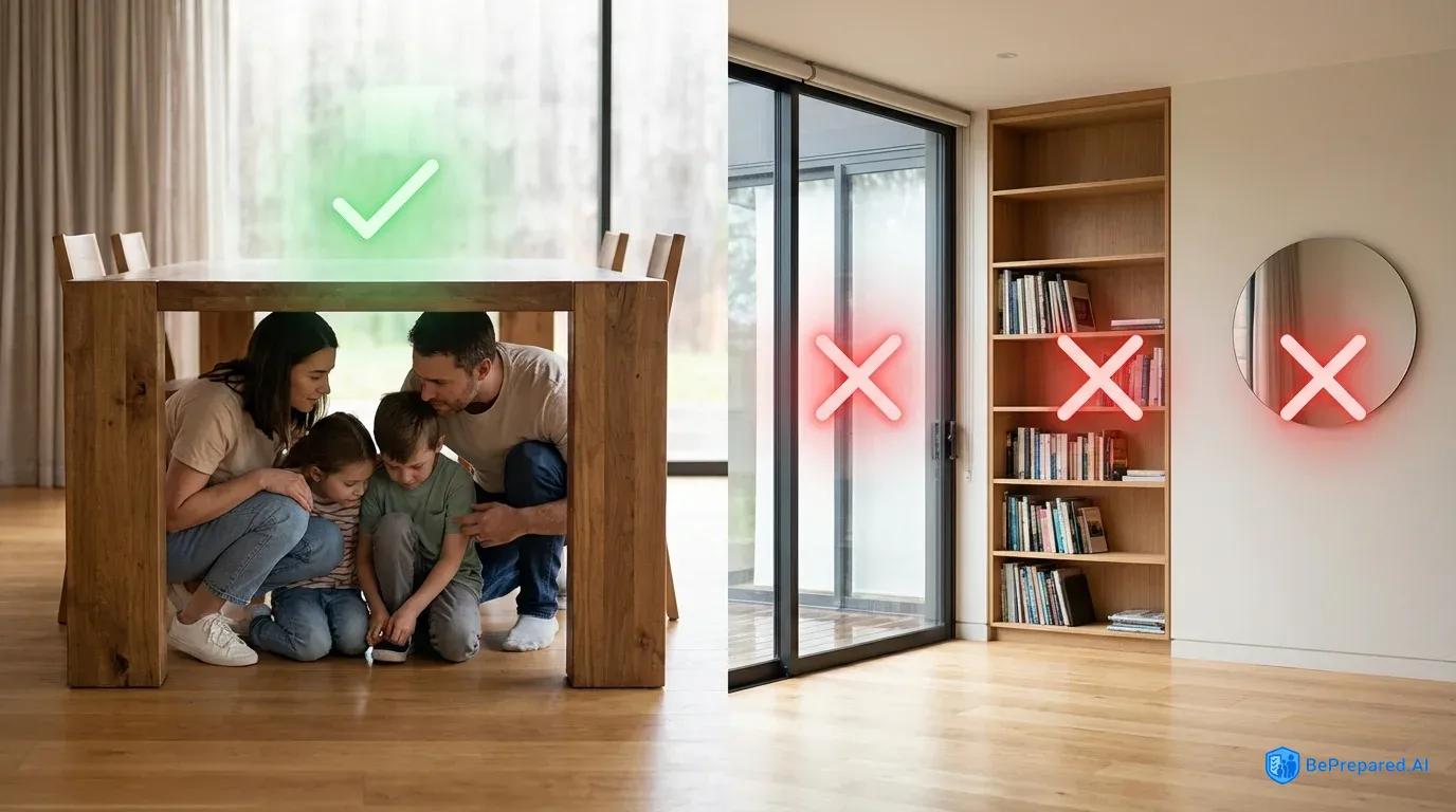 Split view comparing safe and unsafe earthquake locations in home, with safety indicators