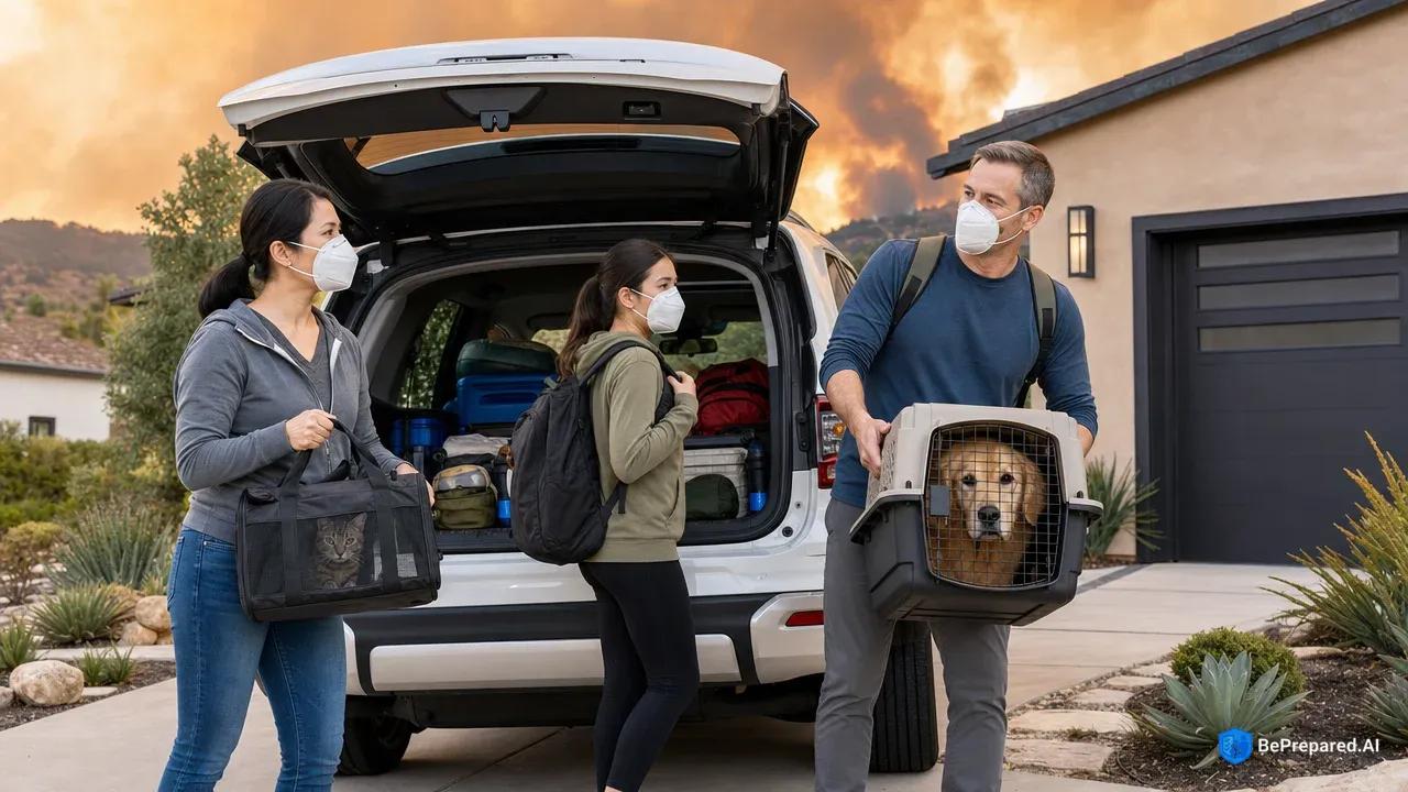 Family loading pet carriers into SUV during wildfire evacuation with smoky orange sky background